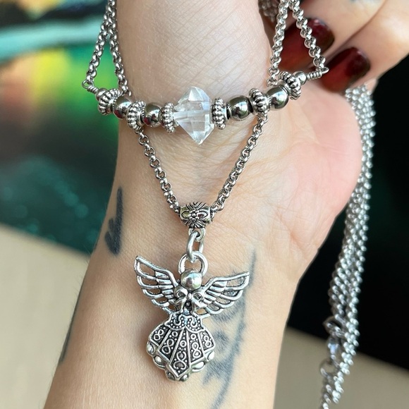 Genuine herkimer diamond crystal double layer stainless steel angel necklace - Picture 9 of 14